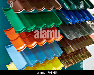 Samples of metal tiles roof in the building store Stock Photo
