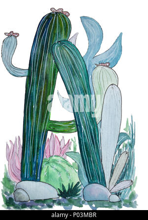 Watercolor illustration with cactus. background with Letter - A. Cool print on T-shirt. Vintage. Lettering Stock Photo