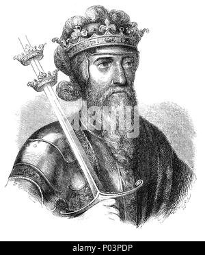 A portrait of Edward III (1312–1377), King of England and Lord of Ireland from January 1327 until his death; he is noted for his military success and for restoring royal authority after the disastrous and unorthodox reign of his father, Edward II. Edward III transformed the Kingdom of England into one of the most formidable military powers in Europe. His long reign of 50 years was the second longest in medieval England and saw vital developments in legislation and government—in particular the evolution of the English parliament—as well as the ravages of the Black Death. Stock Photo