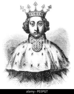 A portrait of Richard II (1367-1400), also known as Richard of Bordeaux, was King of England from 1377 until he was deposed in 1399. Richard, was a son of Edward the Black Prince, upon whose death prior to the death of Edward III, Richard became the heir apparent to the throne and succeeded at the age of ten.  During Richard's first years as king, government was in the hands of a series of councils. Most of the aristocracy preferred this to a regency led by the king's uncle, John of Gaunt, yet Gaunt remained highly influential. Stock Photo