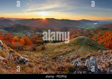 Autumn rural forestl landscape at sunset Stock Photo