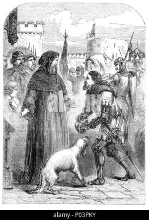 King Richard II meeting Henry Bolingbroke, Earl of Derby in Flint Castle in North Wales. In 1397 Richard II exiled his cousin Henry Bolingbroke, heir to a vast Lancastrian inheritance. When Bolingbroke's father, John of Gaunt, died in 1399 the King seized his estates, then departed on a military campaign in Ireland. Henry returned from exile to reclaim his lands, but finding little support for Richard and altered his plans to seize the throne. When King Richard landed in Wales he was captured and held in Flint Castle. Following negotiations Richard abdicated on 19 August 1399. Stock Photo