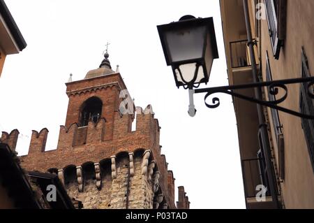 City view with medieval tower 'La Pallata' (untranslatable), built in the year 1254. Brescia, Italy. Stock Photo