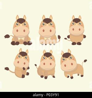 A set of cute brown cartoon horses. Stock Vector