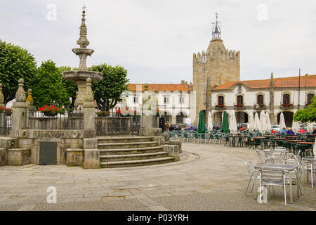 Old castle keep of Caminha and Renaissance water fountain in Caminha, Portugal Stock Photo
