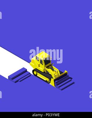 Yellow bulldozer pushing blue ground. Modern isometric construction vehicle illustration. Low poly style. Stock Vector