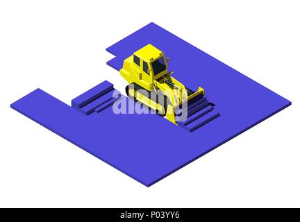 Yellow bulldozer pushing blue ground. Modern isometric construction vehicle illustration. Low poly style. Stock Vector