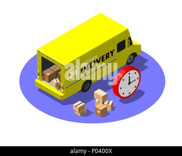 Express delivery service concept with yellow van and cardboard parcels. Modern isometric vector illustration. Stock Vector