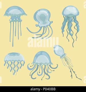 Set of cartoon funny jellyfishes. Stock Vector