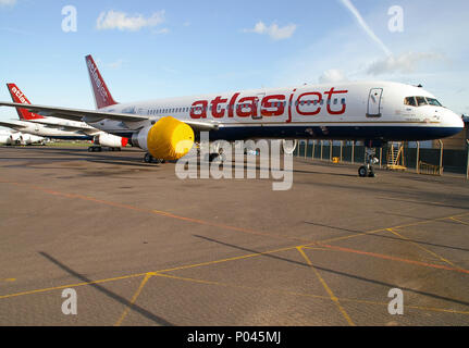 Atlasjet, Atlas Jet Boeing 757 N689GX. Now AtlasGlobal. Stored at Southend Airport. Named Perihan Stock Photo