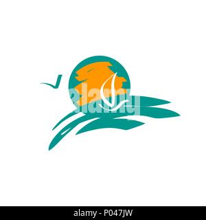Sketch sea, sun, wave and yacht. Logo summer, holidays and vacation. Vector illustration Stock Vector