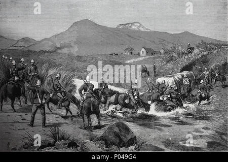 the revolt in the Transvaal, Major Barrow's mounted infantry crossing the Indigo drift, The First Boer War, also known as the First Anglo-Boer War, the Transvaal War or the Transvaal Rebellion, was a war fought from 16 December 1880 until 23 March 1881 between the United Kingdom and the South African Republic , digital improved reproduction of an original print from the year 1881 Stock Photo