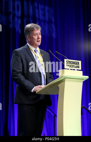 Newly elected SNP deputy leader Keith Brown MSP speaks during the Scottish National Party's spring conference at the Aberdeen Exhibition and Conference Centre (AECC), Aberdeen. Stock Photo