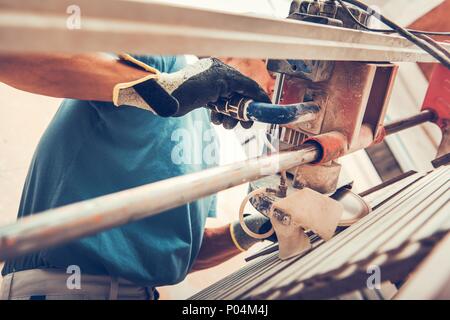 Ceramic Tiles Power Cutter. Preparing Tile For Installation. Stock Photo