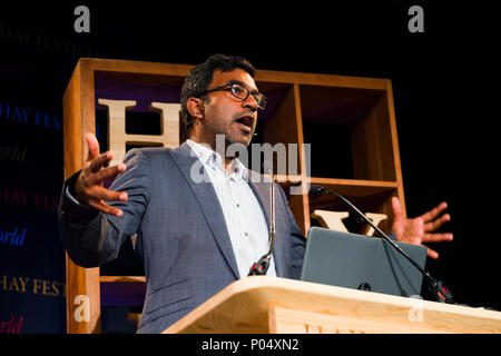 Dr Sujit Sivasundaram , Reader in World History at Cambridge University,  fellow of Gonville and Caius College, Cambridge. He is the author of 'Nature and the Godly Empire: Science and Evangelical Mission in the Pacific, 1795-1850'.  At the Hay Festival  of Literature and the Arts, May 2018 Stock Photo