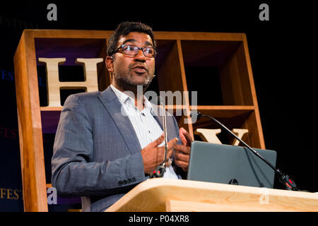 Dr Sujit Sivasundaram , Reader in World History at Cambridge University,  fellow of Gonville and Caius College, Cambridge. He is the author of 'Nature and the Godly Empire: Science and Evangelical Mission in the Pacific, 1795-1850'.  At the Hay Festival  of Literature and the Arts, May 2018 Stock Photo