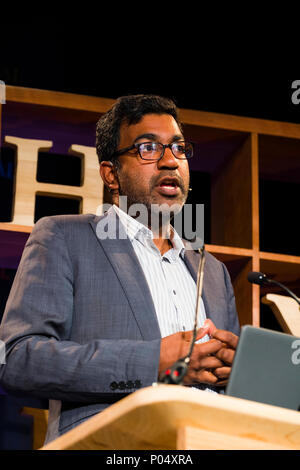 Dr Sujit Sivasundaram , Reader in World History at Cambridge University,  fellow of Gonville and Caius College, Cambridge. He is the author of 'Nature and the Godly Empire: Science and Evangelical Mission in the Pacific, 1795-1850'.  At the Hay Festival  of Literature and the Arts, May 2018 Stock Photo