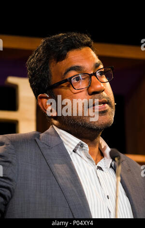 Dr Sujit Sivasundaram , Reader in World History at Cambridge University,  fellow of Gonville and Caius College, Cambridge. He is the author of 'Nature and the Godly Empire: Science and Evangelical Mission in the Pacific, 1795-1850'.  At the Hay Festival  of Literature and the Arts, May 2018 Stock Photo