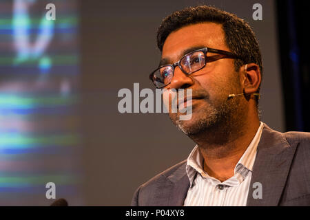 Dr Sujit Sivasundaram , Reader in World History at Cambridge University,  fellow of Gonville and Caius College, Cambridge. He is the author of 'Nature and the Godly Empire: Science and Evangelical Mission in the Pacific, 1795-1850'.  At the Hay Festival  of Literature and the Arts, May 2018 Stock Photo