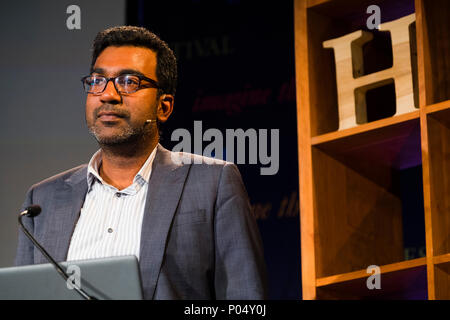 Dr Sujit Sivasundaram , Reader in World History at Cambridge University,  fellow of Gonville and Caius College, Cambridge. He is the author of 'Nature and the Godly Empire: Science and Evangelical Mission in the Pacific, 1795-1850'.  At the Hay Festival  of Literature and the Arts, May 2018 Stock Photo