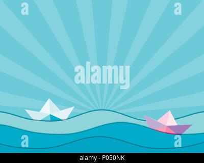 Paper ships and paper waves. Origami. Seascape, rays against the sky. Vector illustration Stock Vector
