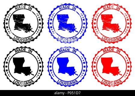 Made in Louisiana - rubber stamp - vector, Louisiana (United States of America) map pattern - black, blue and red Stock Vector