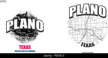 Plano, Texas, logo design. Two in one vector arts. Big logo with vintage letters with nice colored background and one-color-version with map for every Stock Vector