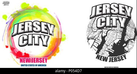 Jersey City, New Jersey, logo design. Two in one vector arts. Big logo with vintage letters with nice colored background and one-color-version with ma Stock Vector