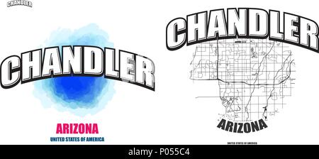 Chandler, Arizona, logo design. Two in one vector arts. Big logo with vintage letters with nice colored background and one-color-version with map for  Stock Vector