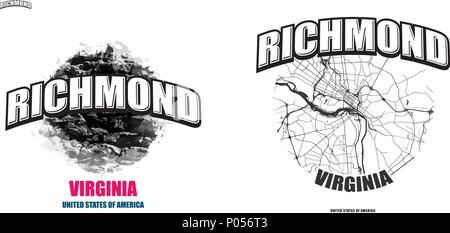 Richmond, Virginia, logo design. Two in one vector arts. Big logo with vintage letters with nice colored background and one-color-version with map for Stock Vector