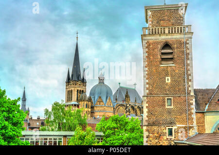 View of St. Michael Church and the Cathedral in Aachen, Germany Stock Photo