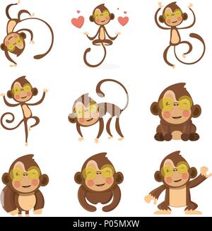 Set of cute funny monkeys in a cartoon style. Stock Vector
