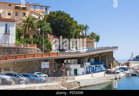 CERBERE, FRANCE - JULY 10, 2016: Mediterranean village of Cerbere, Cote Vermeille, Pyrenees Orientales, Roussillon, France. Last French village befor Stock Photo