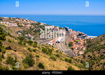 CERBERE, FRANCE - JULY 10, 2016: Aerial view of last train station before Spain in south of France, village of Cerbere, Mediterranean, Pyrenees Orient Stock Photo