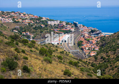 CERBERE, FRANCE - JULY 10, 2016: Aerial view of last train station before Spain in south of France, village of Cerbere, Mediterranean, Pyrenees Orient Stock Photo