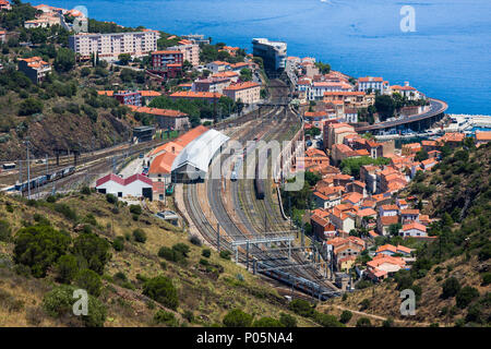 CERBERE, FRANCE - JULY 10, 2016: Aerial view of last train station before Spain in south of France, village of Cerbere, Mediterranean, Pyrenees Orient Stock Photo