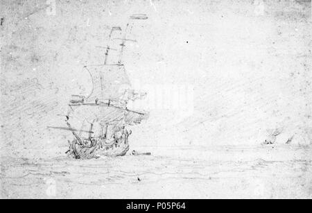 .  English: A Dutch ship bearing up in a moderate breeze On the left, a port bow view of a ship on the starboard tack with her courses hauled up and only her fore topsail set. Other vessels in the right distance. This is an unsigned pencil drawing by the Younger. It is inscribed with an ‘L’ (light) in the sky. A Dutch ship bearing up in a moderate breeze  . circa 1700. Willem Van de Velde, the Younger 97 A Dutch ship bearing up in a moderate breeze RMG PW6994 Stock Photo