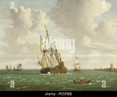 .  English: A Dutch Whaler Close-Hauled in a Breeze A Dutch whaler is shown in the centre of the painting flying the Dutch flag from the stern and mast. It is leaving the wharf of the East India Company depicted on the right. The rigging of the whaler and other detailing has been closely observed and there are a number of figures working on the deck. A yacht to the right is shown sailing towards the wharf. In the foreground to the right a man seated in a small boat is rowed by three sailors towards the shore. He points towards the wharf with his left hand in a gesture signifying the importance Stock Photo
