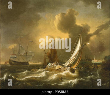 .  English: A Fishing Boat and other Vessels in a Squall A kaag is shown in the foreground with one man wearing a hat positioned in the bow and three figures in the stern. One of them, a woman, leans with her elbow over the side of the boat. The leeboard is clearly visible and the boat is shown towing a smaller craft from the stern. The kaag flies a small flag from the foremast and this may incorporate the motif of the province of Hoorn, where Rietschoof lived. A kaag was a type of cargo vessel designed for use on inland waterways. It was often used as a ferry in the Zuyder Zee, conveying carg Stock Photo