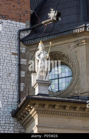 KRAKOW,POLAND- April 24, 2017: King statue on Wawel Castle is a castle residency. Built at the behest of King Casimir III the Great. The castle, being Stock Photo