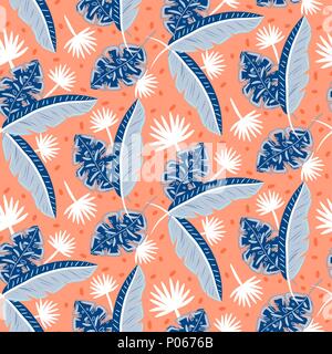 Blue and red tropic island leaves pattern for summer seamless prints. Stock Vector