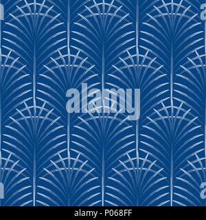 Art deco palm leaves geometry arch blue seamless pattern. Stock Vector