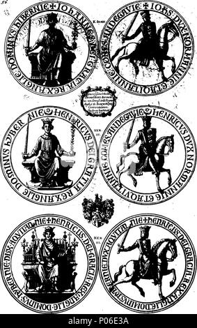 . English: Fleuron from book: A genealogical history of the kings and queens of England, and monarchs of Great Britain, &c. From the Conquest, anno 1066. to the year 1707. In seven parts or books. Containing a discourse of their several lives, marriages, and issues; with the times of their births, deaths, places of burial, and monumental inscriptions. Also, their effigies, seals, tombs, cenotaphs, devises, arms, quarterings, crests, and supporters; all curiously engraven in copper-plates. First publish'd to the beginning of King Charles the Second's reign, by Francis Sandford, Esq; Lancaster H Stock Photo