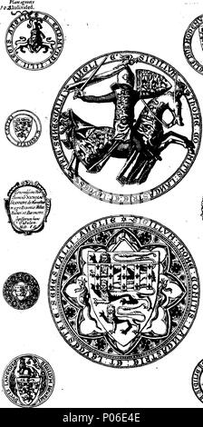 . English: Fleuron from book: A genealogical history of the kings and queens of England, and monarchs of Great Britain, &c. From the Conquest, anno 1066. to the year 1707. In seven parts or books. Containing a discourse of their several lives, marriages, and issues; with the times of their births, deaths, places of burial, and monumental inscriptions. Also, their effigies, seals, tombs, cenotaphs, devises, arms, quarterings, crests, and supporters; all curiously engraven in copper-plates. First publish'd to the beginning of King Charles the Second's reign, by Francis Sandford, Esq; Lancaster H Stock Photo