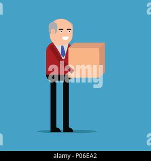 Businessman is carrying a box, isolated on blue background Stock Vector