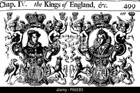 . English: Fleuron from book: A genealogical history of the kings and queens of England, and monarchs of Great Britain, &c. From the conquest, anno 1066. to the year 1707. In seven parts or books. Containing a discourse of their several lives, marriages, and issues; with the times of their births, deaths, places of burial, and monumental inscriptions. Also, their effigies, seals, tombs, cenotaphs, devises, arms, quarterings, crests, and supporters; all curiously engraven in copper-plates. First publish'd to the beginning of King Charles the Second's reign, by Francis Sandford, Esq; Lancaster H Stock Photo