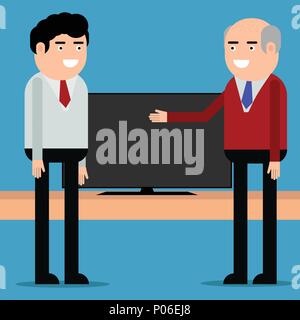 The seller offers the TV to the client on blue background Stock Vector