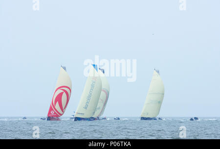 Cardiff, Wales UK. 8th June 2018. The teams jostle for position during the The Volvo Ocean Race In-port Race . Credit: Phillip Thomas/Alamy Live News Stock Photo