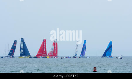 Cardiff, Wales UK. 8th June 2018. The Volvo Ocean Race boats gather for the start of the In-port Race . Credit: Phillip Thomas/Alamy Live News Stock Photo