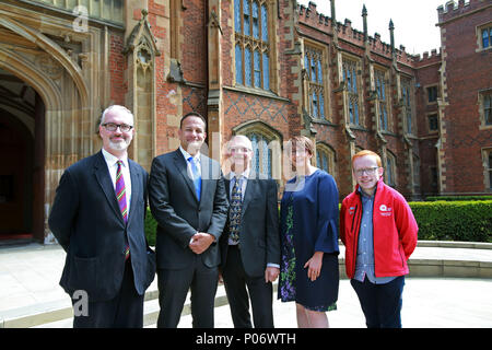 Belfast, Northern Ireland. 8th Jun, 2018. An Taoiseach, Leo Varadkar arrives at Queen's University Belfast during his second engagement to Northern Ireland, Friday June 8th, 2018. He met with representatives of the broader business and community sectors. Pictured (left to right) Professor Richard English, Taoiseach, Professor James McElnay, Acting President and Vice-Chancellor of Queen's University Belfast, Mrs Wendy Galbraith, Acting Registrar and Chief Operating Officer and Stephen McCrystall, President of the Queen's University Belfast. Photo/Paul McErlane Credit: Irish Eye/Alamy Live News Stock Photo